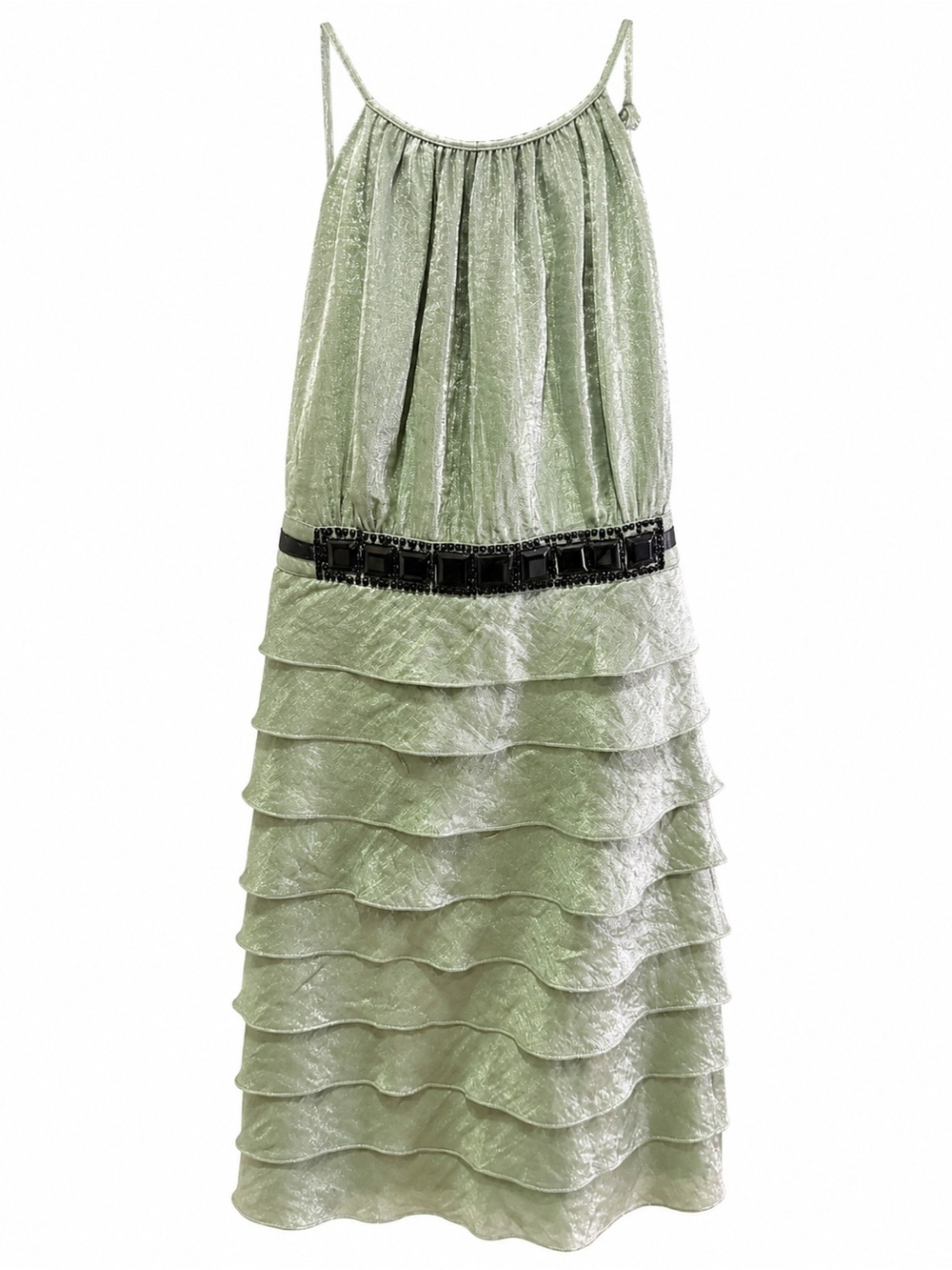 I.N. Studio Light Olive Tiered Ruffle Mini Dress with Black Belt